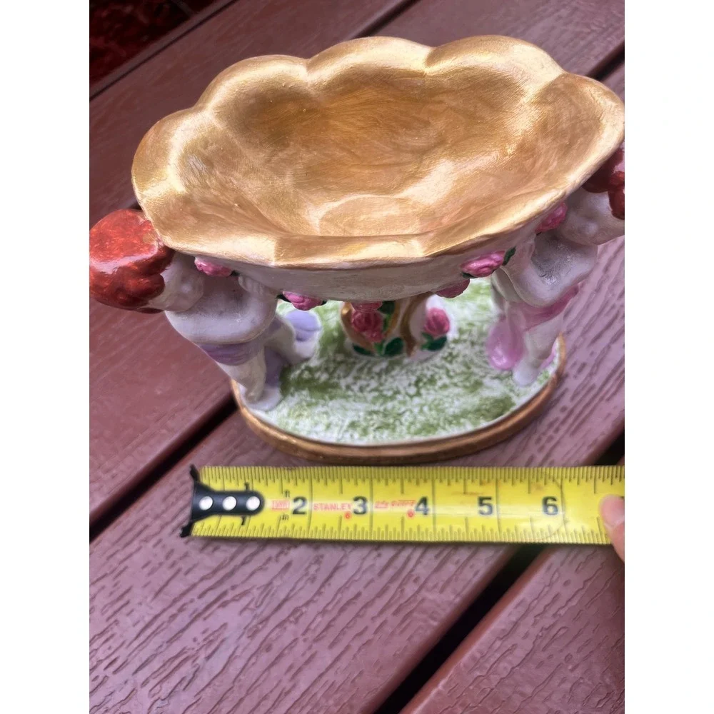 Vintage Style Hand Painted Ceramic Cherub Compote Trinket Bowl Gold Pink Roses